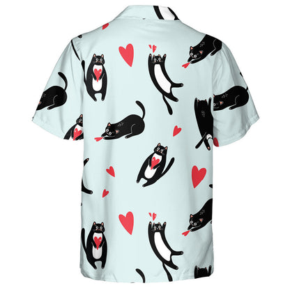 Black Domestic Cats And Hearts On A Blue Background Hawaiian Shirt, Hawaiian Shirt Gift, Christmas Gift
