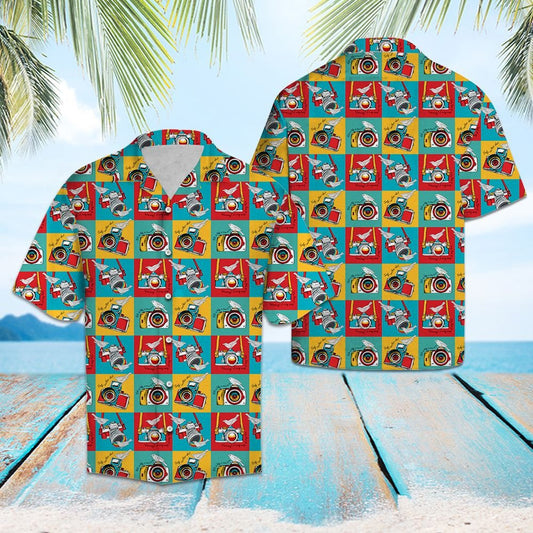 Color Block Camera Bird Design Hawaiian Shirt, Hawaiian For Gift