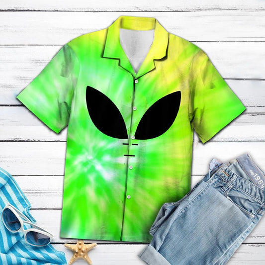 Awesome Alien Green And Yellow Tye Die Themed Hawaiian Shirt, Hawaiian Shirt Gift, Christmas Gift