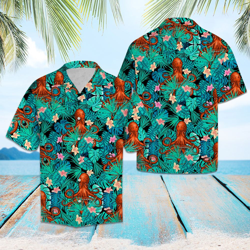 Awesome Sea Animal Octopus Tropical Plant Pattern Hawaiian Shirt, Hawaiian Shirt Gift, Christmas Gift