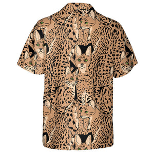 Beige Graceful Wild Cats African Serval Characters Hawaiian Shirt, Hawaiian Shirt Gift, Christmas Gift