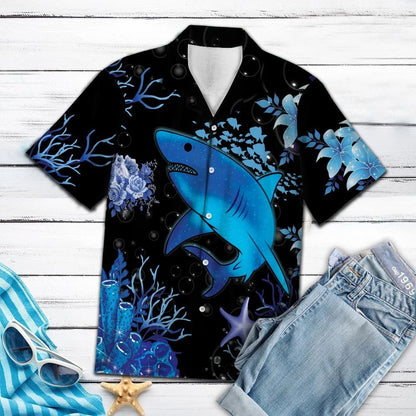Blue Shark And Starfishes Under Deep Ocean Hawaiian Shirt, Hawaiian Shirt Gift, Christmas Gift