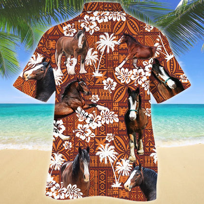 Clydesdale Horse And Hibiscus On Red Tribal Pattern Hawaiian Shirt, Hawaiian Shirt Gift, Christmas Gift