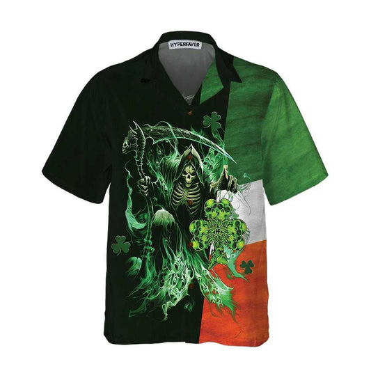 Irish Grim Reaper Skull Clovers Dark Green Theme Hawaiian Shirt, Hawaiian Shirt Gift, Christmas Gift