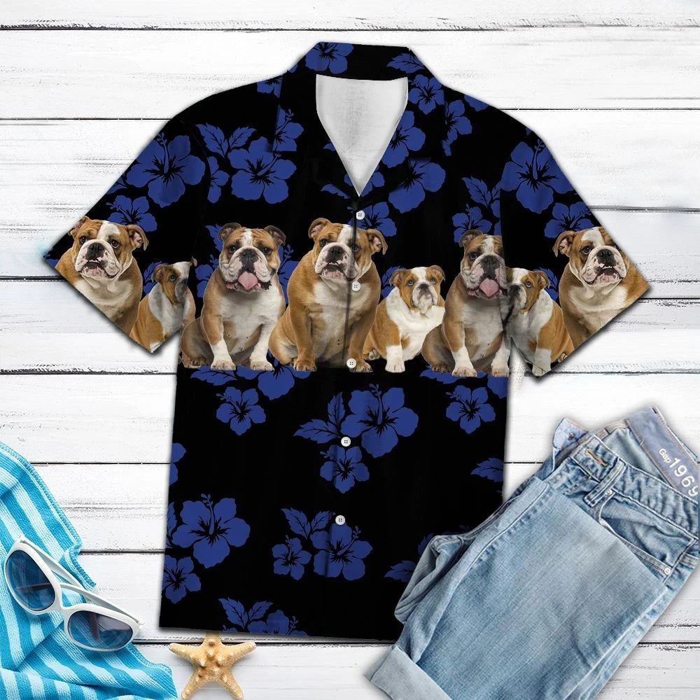 Lovely Bulldog With Blue Hibiscus In Black Design Hawaiian Shirt, Hawaiian Shirt Gift, Christmas Gift