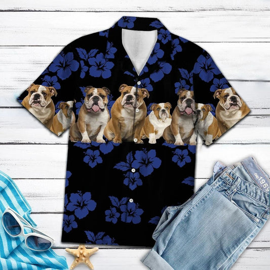 Lovely Bulldog With Blue Hibiscus In Black Design Hawaiian Shirt, Hawaiian Shirt Gift, Christmas Gift