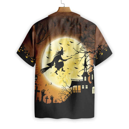 Halloween Night Flying Witch Over A Castle Dramatic Hawaiian Shirt, Hawaiian Shirt Gift, Christmas Gift