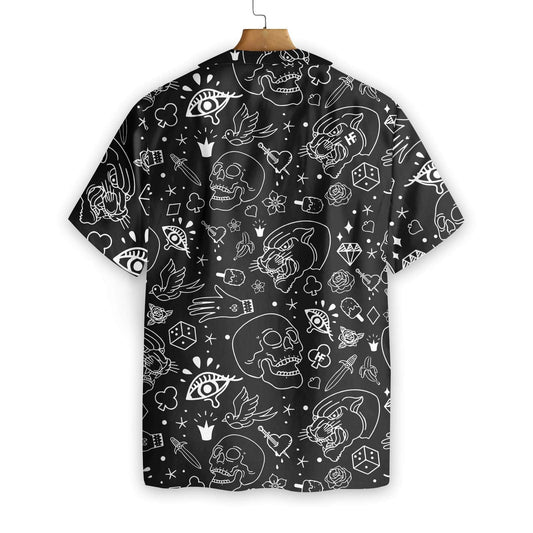 American Traditional Flash Tattoo Skull Black Theme Hawaiian Shirt, Hawaiian Shirt Gift, Christmas Gift