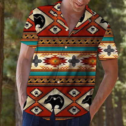 Native American Hawaiian Shirt Colorful Geometric Style Black Bear Pattern, Hawaiian Shirt Gift, Christmas Gift