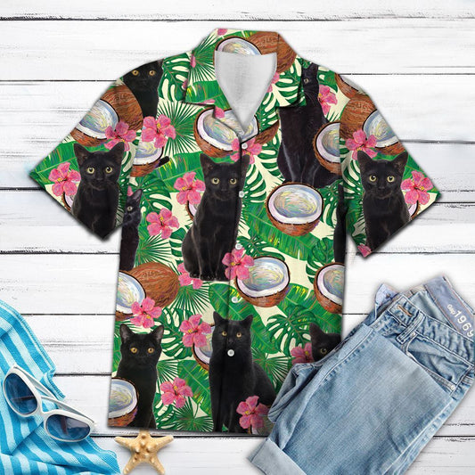 Black Cat Tropical Coconut Monstera Leaves Pattern Hawaiian Shirt, Hawaiian Shirt Gift, Christmas Gift