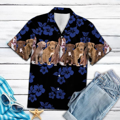 Awesome American Pit Bull Terrier Navy Hibiscus Pattern Hawaiian Shirt, Hawaiian Shirt Gift, Christmas Gift