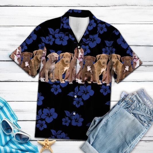 Awesome American Pit Bull Terrier Navy Hibiscus Pattern Hawaiian Shirt, Hawaiian Shirt Gift, Christmas Gift
