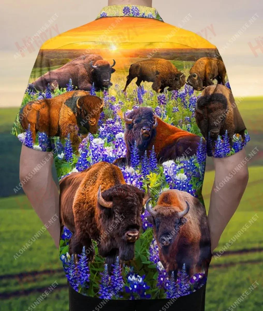 Bison Herd In Bluebonnet Field Unisex Short Sleeve Shirt Summer Hawaiian T Shirts Tactical Hawaiian Shirt Funny Hawaiian Shirts, Hawaiian Shirt Gift, Christmas Gift