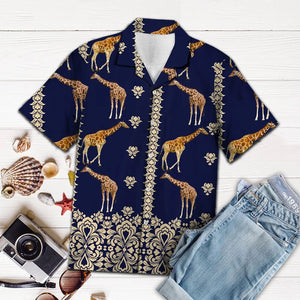 Giraffe With Symbolic Art In Deep Blue Hawaiian Shirt, Hawaiian Shirt Gift, Christmas Gift