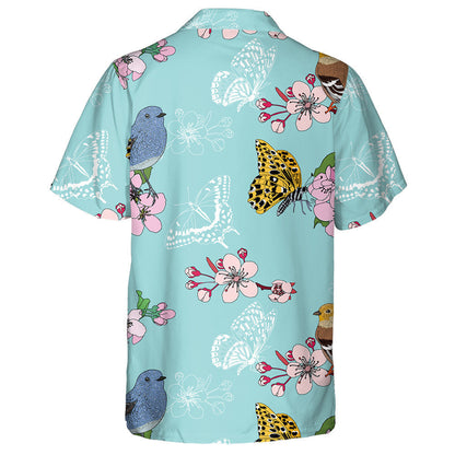 Hand Drawn Cherry Blossom And Butterflies Hawaiian Shirt, Hawaiian For Gift