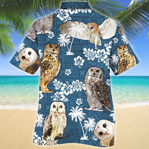 Cute Night Owl On Blue Tribal Pattern Hawaiian Shirt, Hawaiian Shirt Gift, Christmas Gift