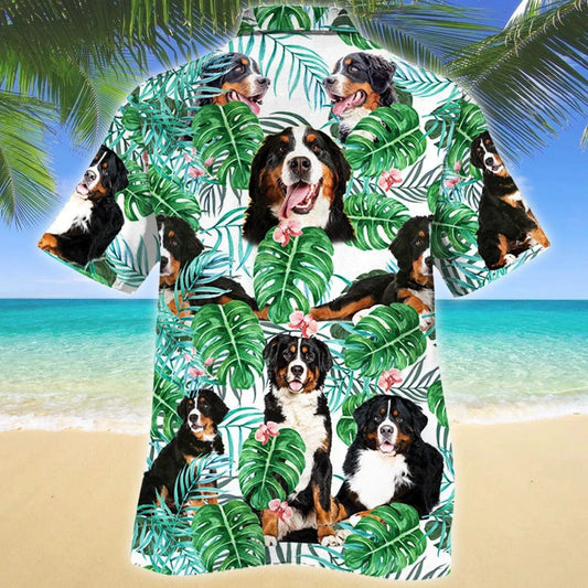 Bernese Mountain Dog Tropical Plant White Theme Hawaiian Shirt, Hawaiian Shirt Gift, Christmas Gift