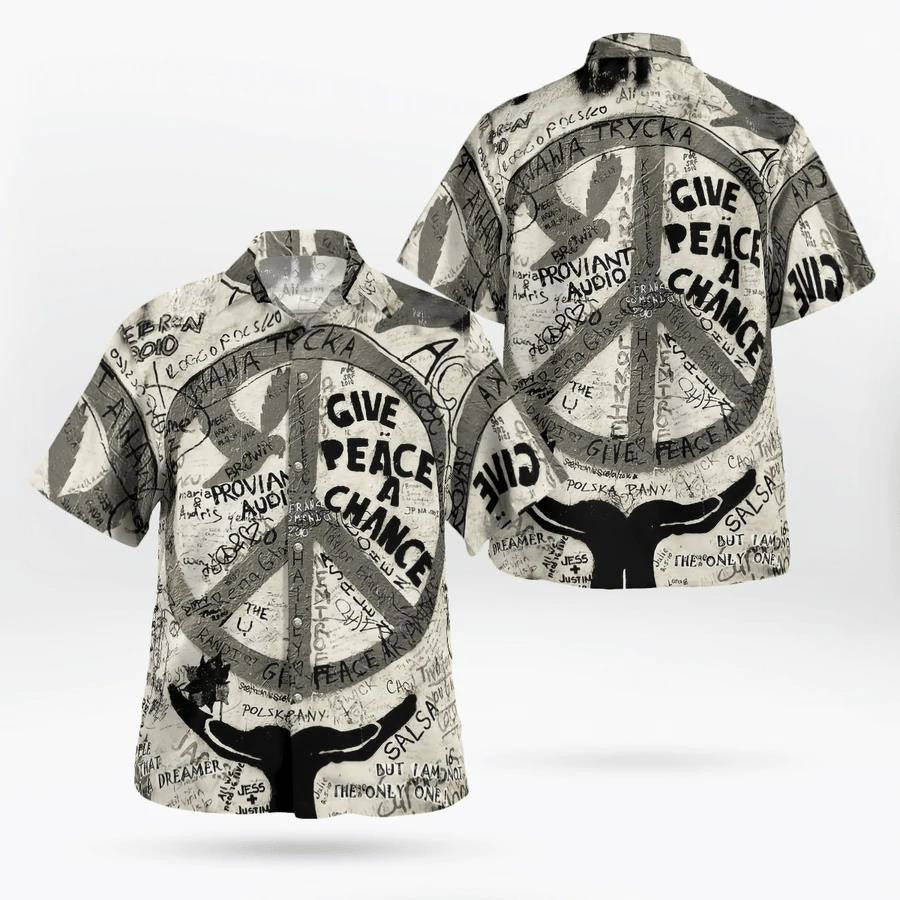 Hippie Give Peace A Change Black White Design Hawaiian Shirt, Hawaiian Shirt Gift, Christmas Gift