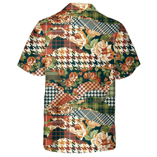Houndstooth Green Tartan With Roses Fabric Patchwork Design Hawaiian Shirt, Hawaiian Shirt Gift, Christmas Gift