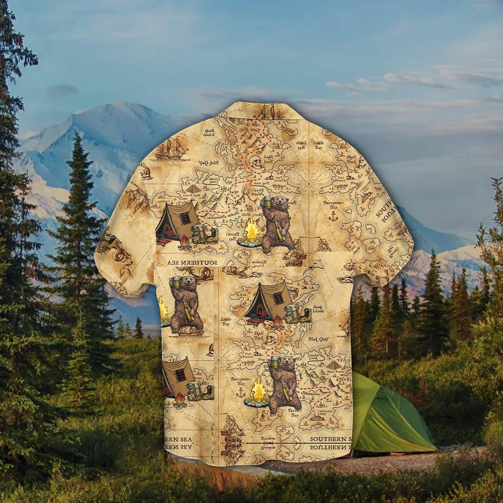 Camping Bear On Tan Background Design Hawaiian Shirt, Hawaiian For Gift