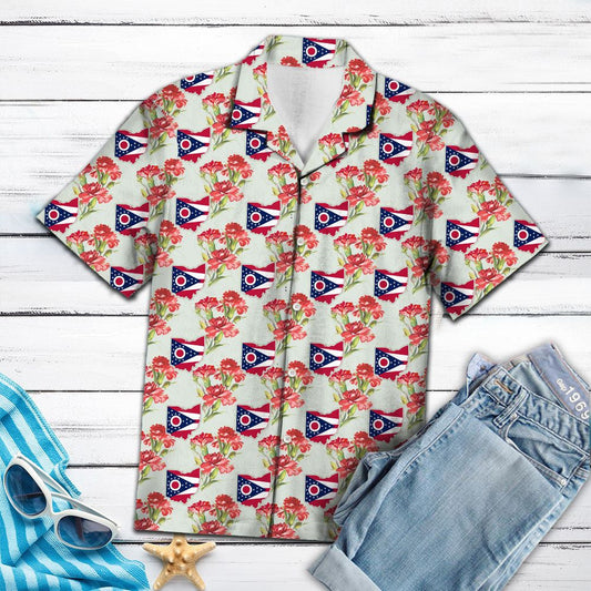 Ohio Flag Red Carnation Outstanding Design Hawaiian Shirt,Hawaiian Shirt Gift, Christmas Gift