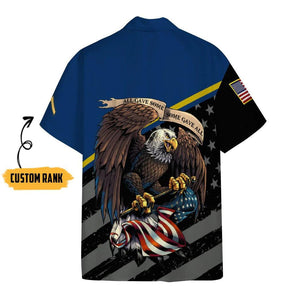 US Navy Veteran Flying Eagle Custom rank Holding America Flag Hawaiian Shirt, Hawaiian Shirt Gift, Christmas Gift