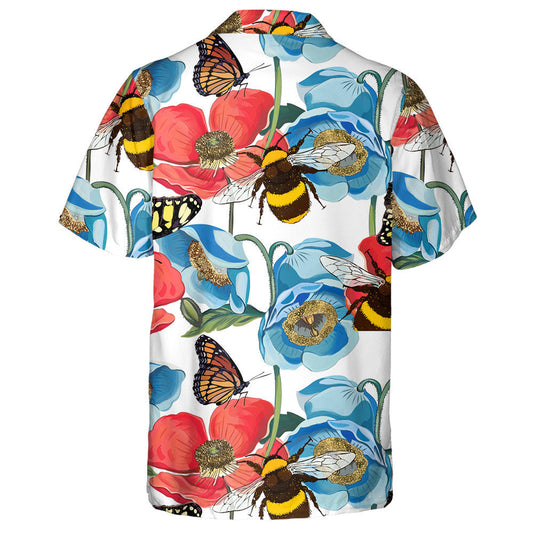 Red Poppy Flowers With Bumblebee On Bright Floral Background Hawaiian Shirt, Hawaiian Shirt Gift, Christmas Gift