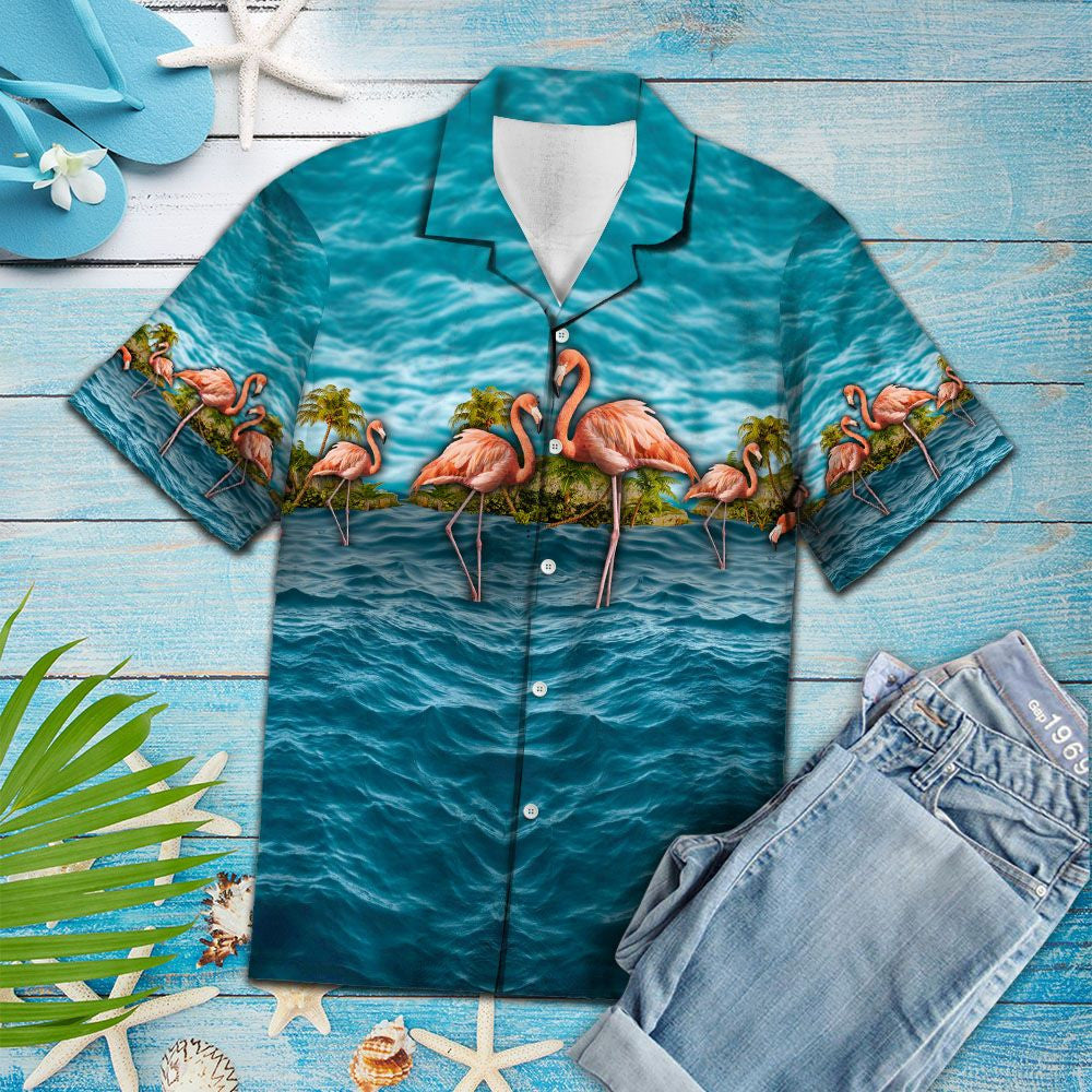 Appealing Flamingo Group Deep Blue Ocean Pattern Hawaiian Shirt, Hawaiian Shirt Gift, Christmas Gift