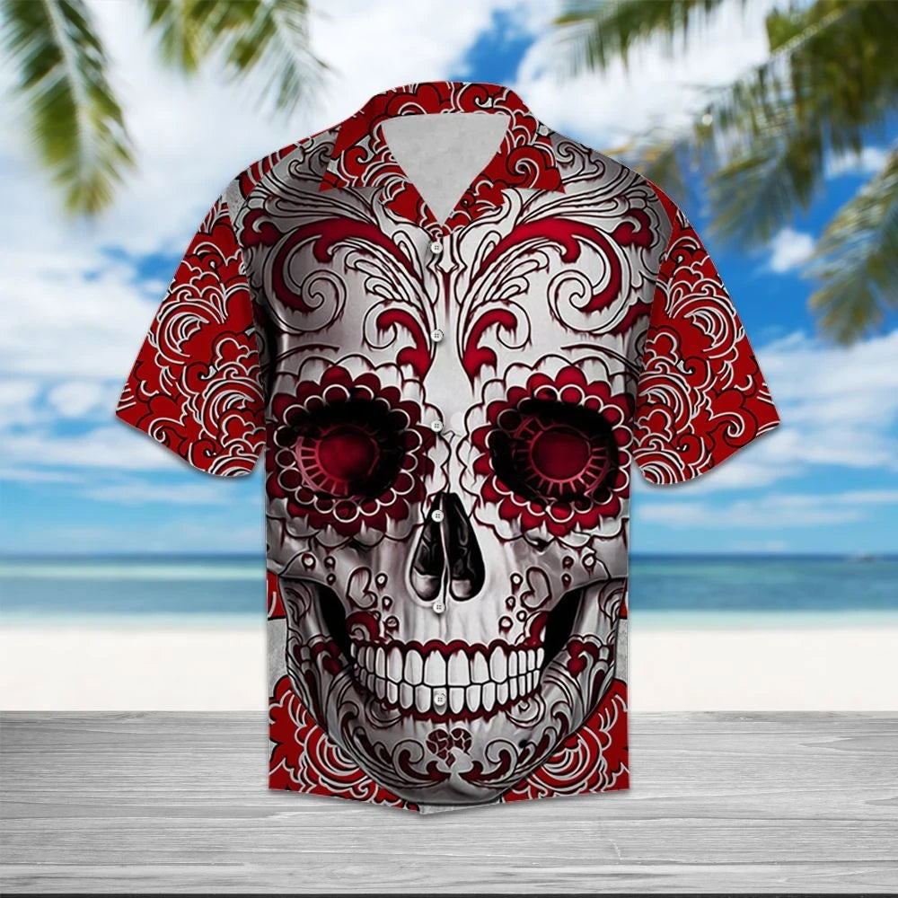 Skull With Red Floral Cool Hawaiian Shirt,Hawaiian Shirt Gift, Christmas Gift