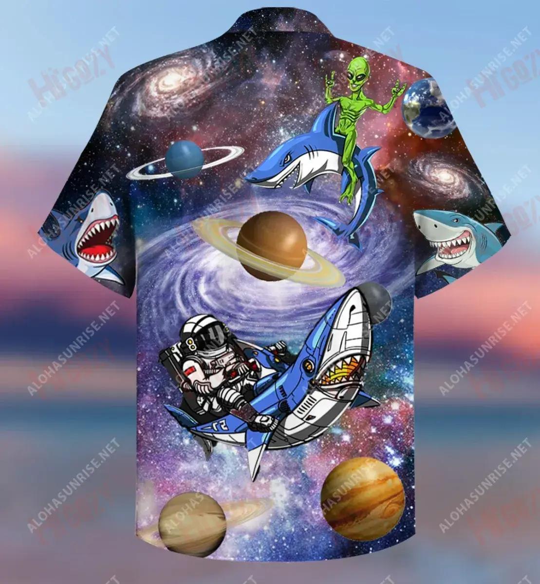 Sharks In The Space Short Hawaiian Shirt Vacation Hawaiian T Shirts Tropical Shirts For Men Funny Hawaiian Shirts, Hawaiian Shirt Gift, Christmas Gift