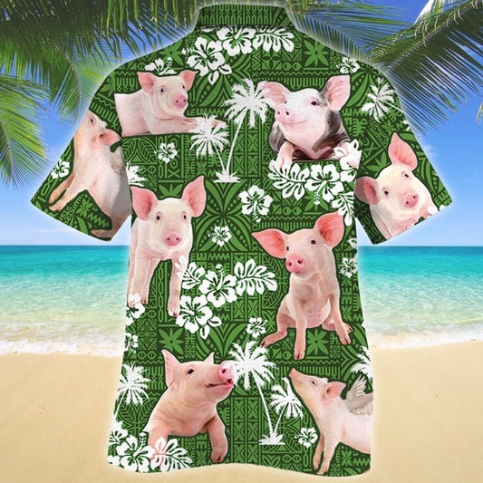 Cute Pink Pig Green Tribal With Hibiscus Pattern Hawaiian Shirt, Hawaiian Shirt Gift, Christmas Gift