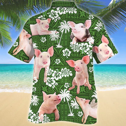 Cute Pink Pig Green Tribal With Hibiscus Pattern Hawaiian Shirt, Hawaiian Shirt Gift, Christmas Gift