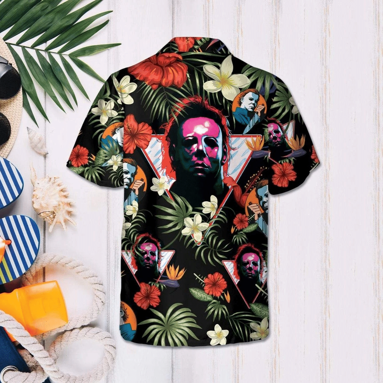 Halloween Scary The Shape Horror Killer Tropical Background Hawaiian Shirt, Hawaiian Shirt Gift, Christmas Gift