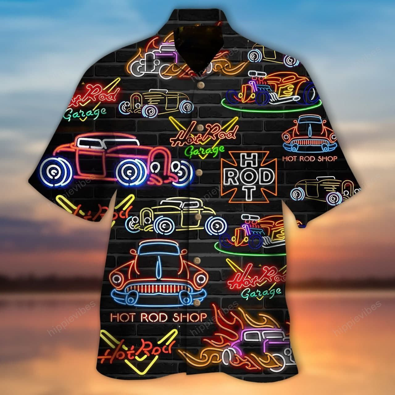 Colorful Hot Rod Neon Light On Black Design Hawaiian Shirt, Hawaiian Shirt Gift, Christmas Gift