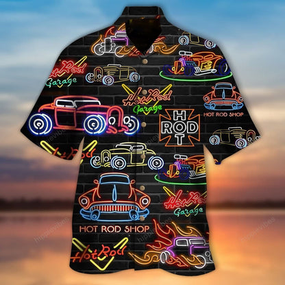 Colorful Hot Rod Neon Light On Black Design Hawaiian Shirt, Hawaiian Shirt Gift, Christmas Gift