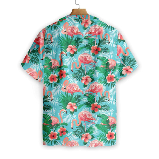 Flamingo With Pink Flower And Green Leave Blue Theme Hawaiian Shirt, Hawaiian Shirt Gift, Christmas Gift