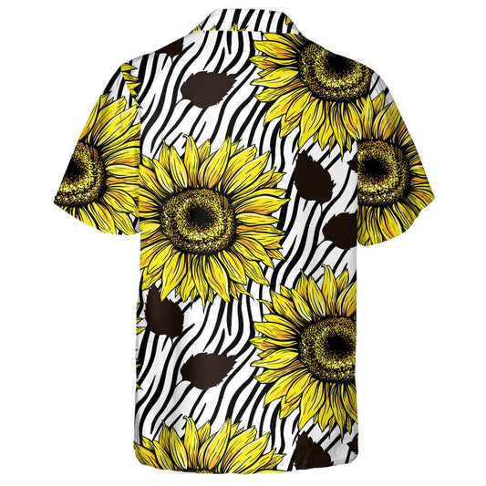Large Sunflowers Art On Black Striped Zebra Lines Hawaiian Shirt , Hawaiian Shirt Gift, Christmas Gift