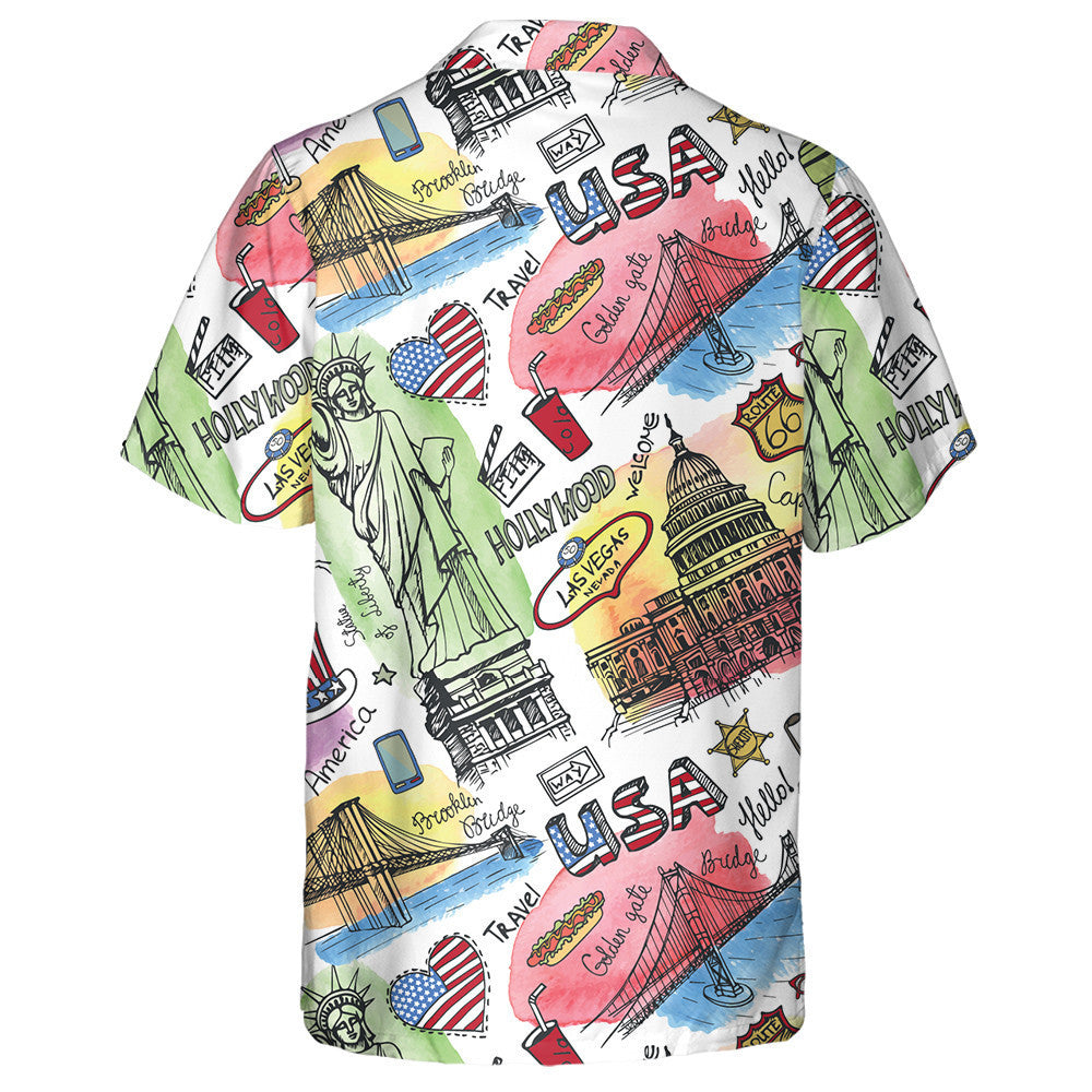 Watercolor New York Symbols Doodle Art Hawaiian Shirt, Hwaiian For Gift