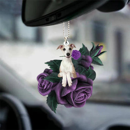 Whippet In Purple Rose Car Hanging Ornament, Dog Hanging Ornament For Car, Christmas Decoration