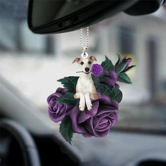 Whippet In Purple Rose Car Hanging Ornament, Dog Hanging Ornament For Car, Christmas Decoration