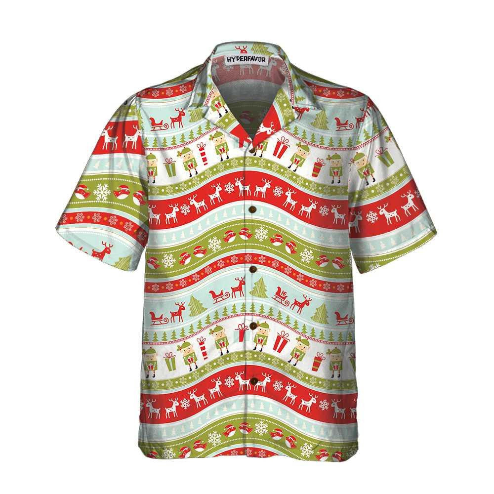 Vintage Christmas Elf Wavy Pattern Hawaiian Shirt, Hwaiian For Gift