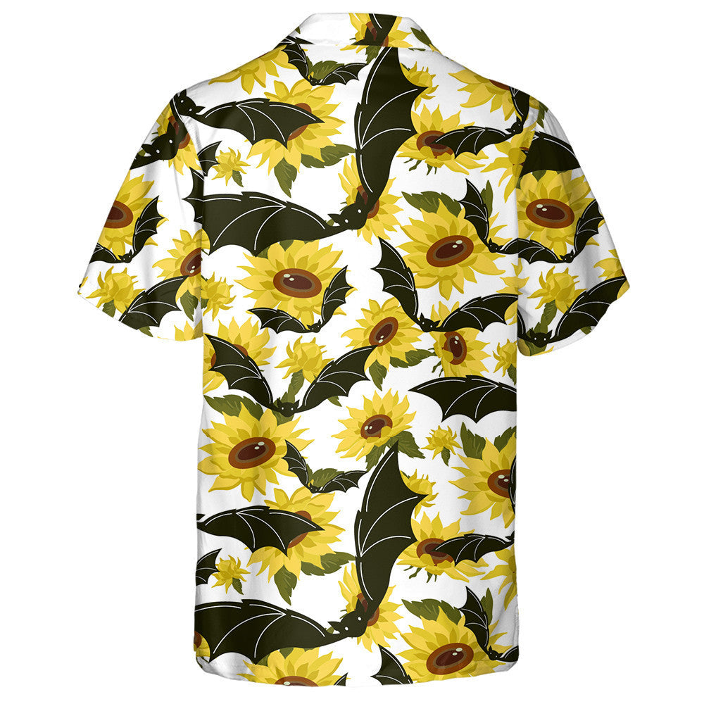 Halloween Black Bat And Yellow Sunflowers On White Background Hawaiian Shirt, Hawaiian Shirt Gift, Christmas Gift