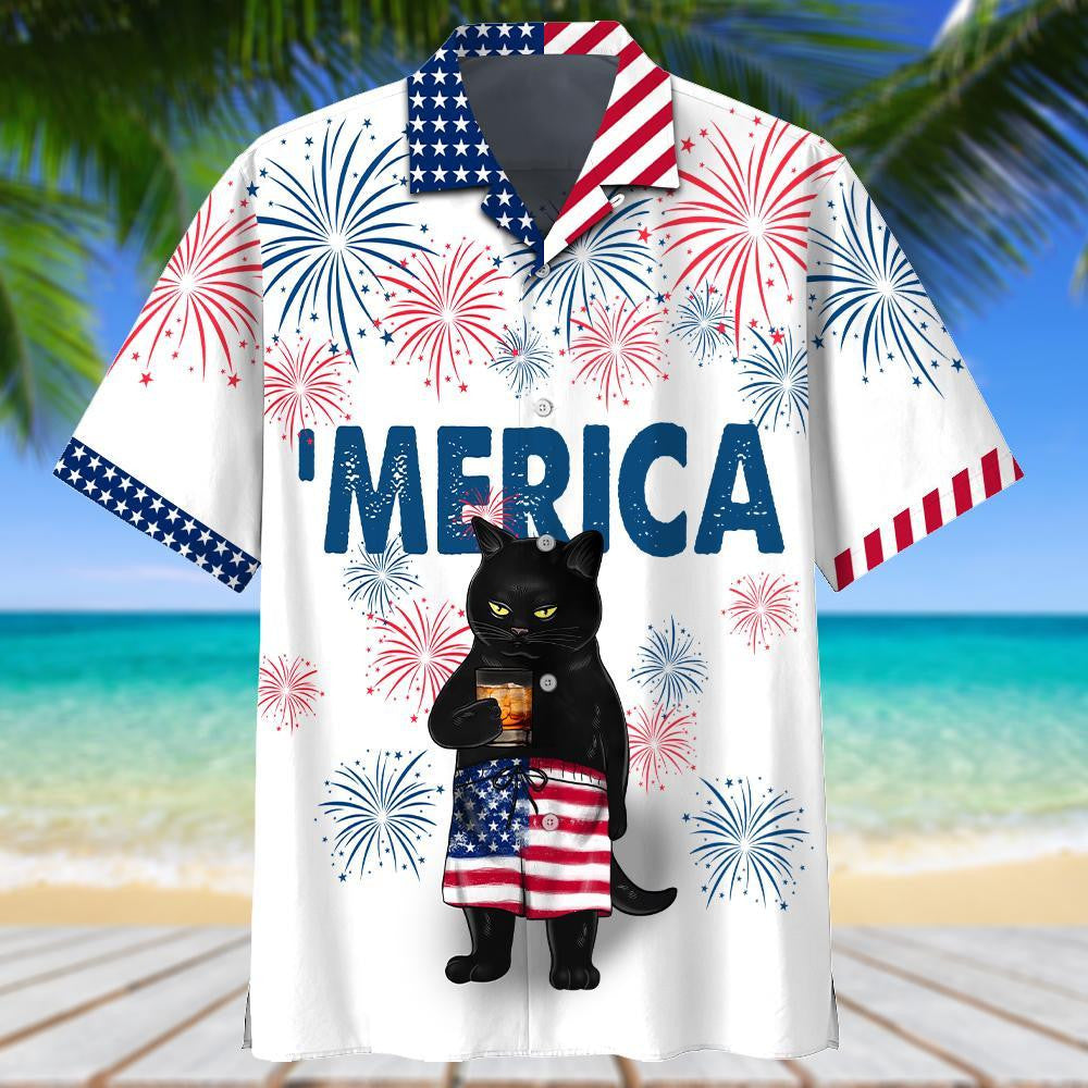 Black Cat Drink Bourbon Design Hawaiian Shirt, Hawaiian For Gift