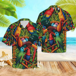 Parrot With Rooster In Tropical Jungle Hawaiian Shirt,Hawaiian Shirt Gift, Christmas Gift