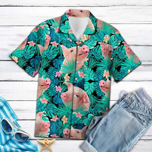 Pig Tropical Plant Gift For Holiday Party Themed Hawaiian Shirt, Hawaiian Shirt Gift, Christmas Gift