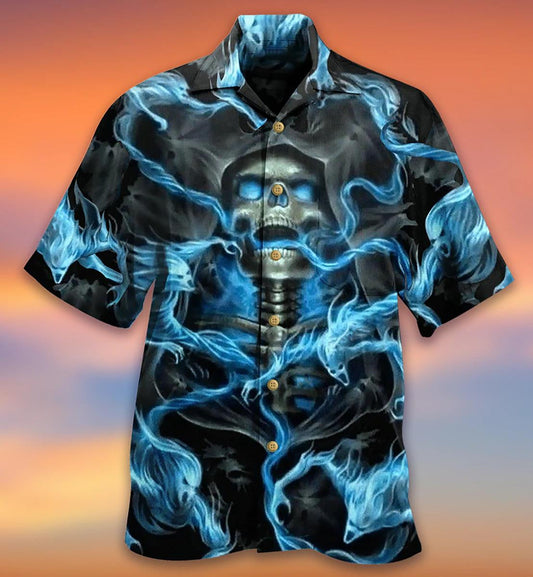 Scary Skull With Blue Fog On Black Background Hawaiian Shirt, Hawaiian Shirt Gift, Christmas Gift