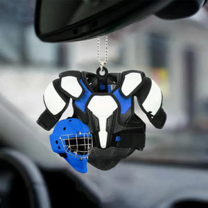 Personalized Hockey Helmet and Shoulder Pads Flat Acrylic Car Hanging Ornament, Hockey Car Ornament, Christmas Decoration