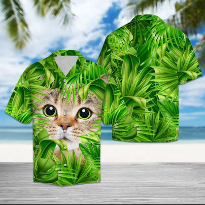 Cute Cat Hiding Green Leaves Hawaiian ShirtHawaiian Shirt Gift, Christmas Gift