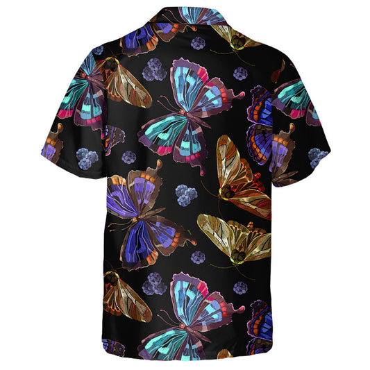 Theme Embroidery Butterflies And Berries Night Garden Art Hawaiian Shirt, Hawaiian Shirt Gift, Christmas Gift
