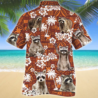 Funny Raccoon On Red Tribal Pattern Hawaiian Shirt,Hawaiian Shirt Gift, Christmas Gift